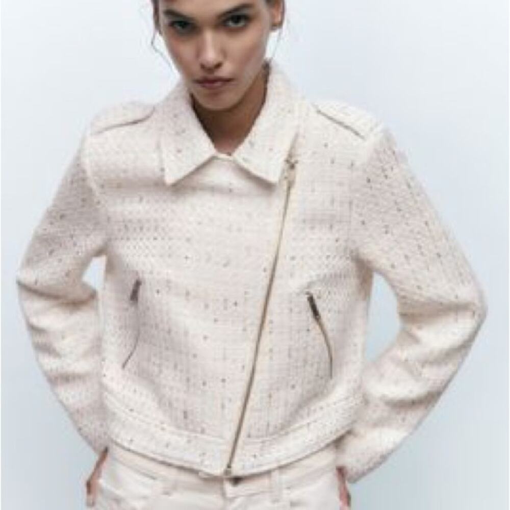 ZARA ZIPPERED TEXTURED JACKET ECRU